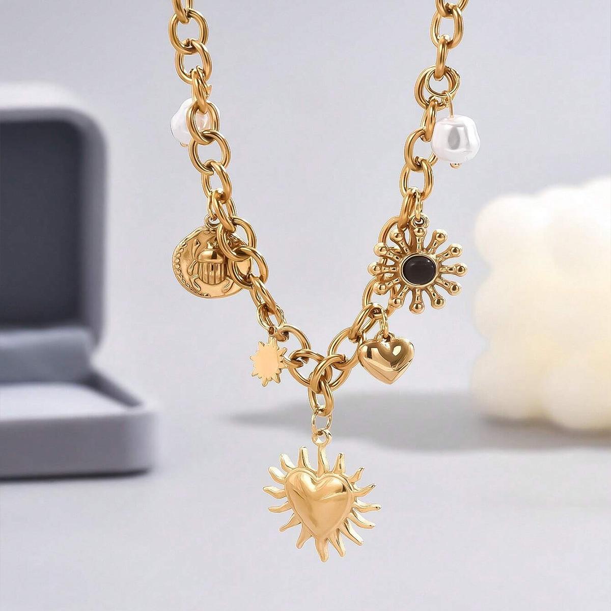 

Glamorous Gold Color Chunky Chain Necklace With Playful Heart Sun Moon Imitation Pearl Charms Women s Garden Parties Jewelry