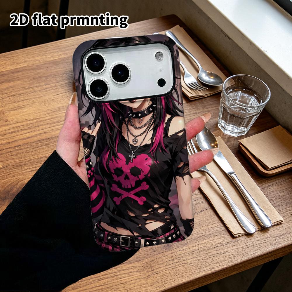 Phone case: 2D flat, suitable for iPhone 18 17 16 15 14 13 12 Pro, rock girl style, perfect holiday gift for Christmas and Halloween