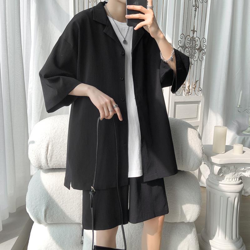 Men's Hong Kong Style Casual Short Sleeve Shirt & Loose Sports Shorts Two-Piece Set