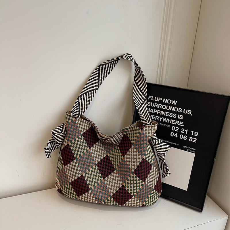 Color Block Tote Bag Women Print Plaid Shoulder Bag