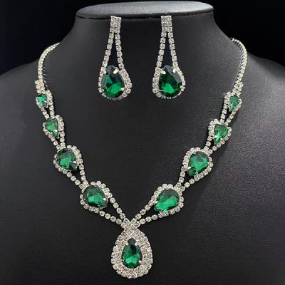 Bridal Necklace Set High-End Crystal Green Clavicle Chain Earrings Two-Piece Set