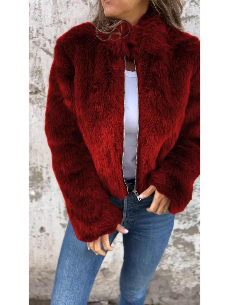 European & American Women's Fur High Neck Zipper Casual Top Coat - 2024 Autumn/Winter Collection