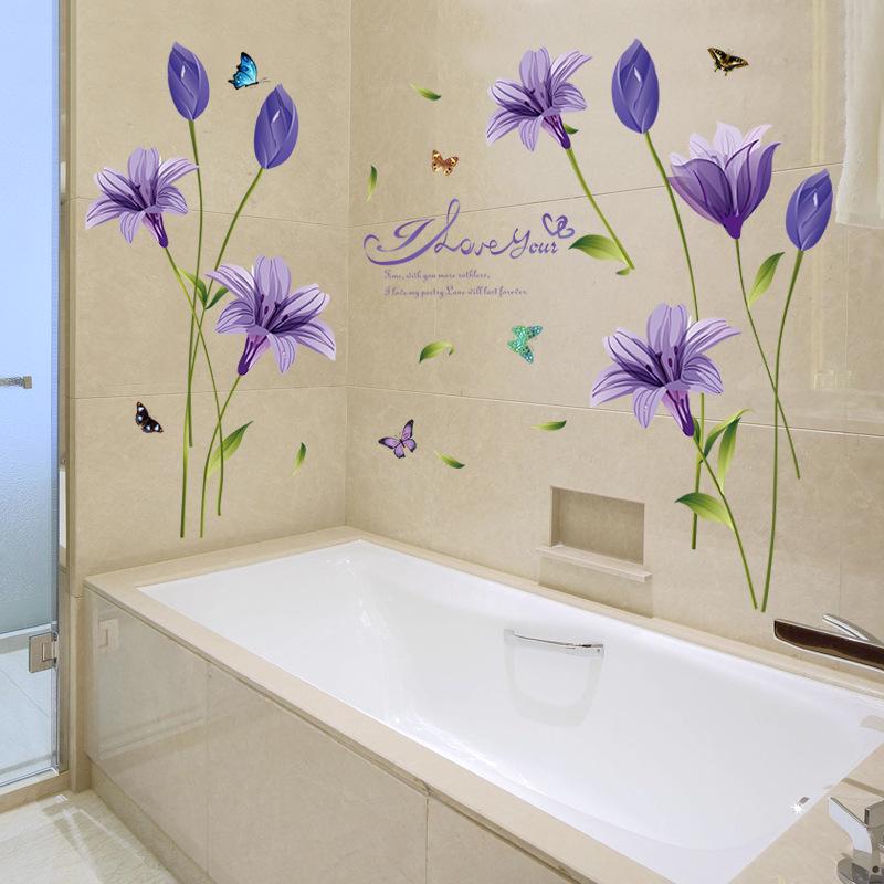 Purple Lily Flower Wall Sticker Self Adhesive Decal for Living Room Bedroom TV Background Home Decoration