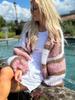 Women's Elegant Color Block Lantern Sleeve Cardigan Sweater
