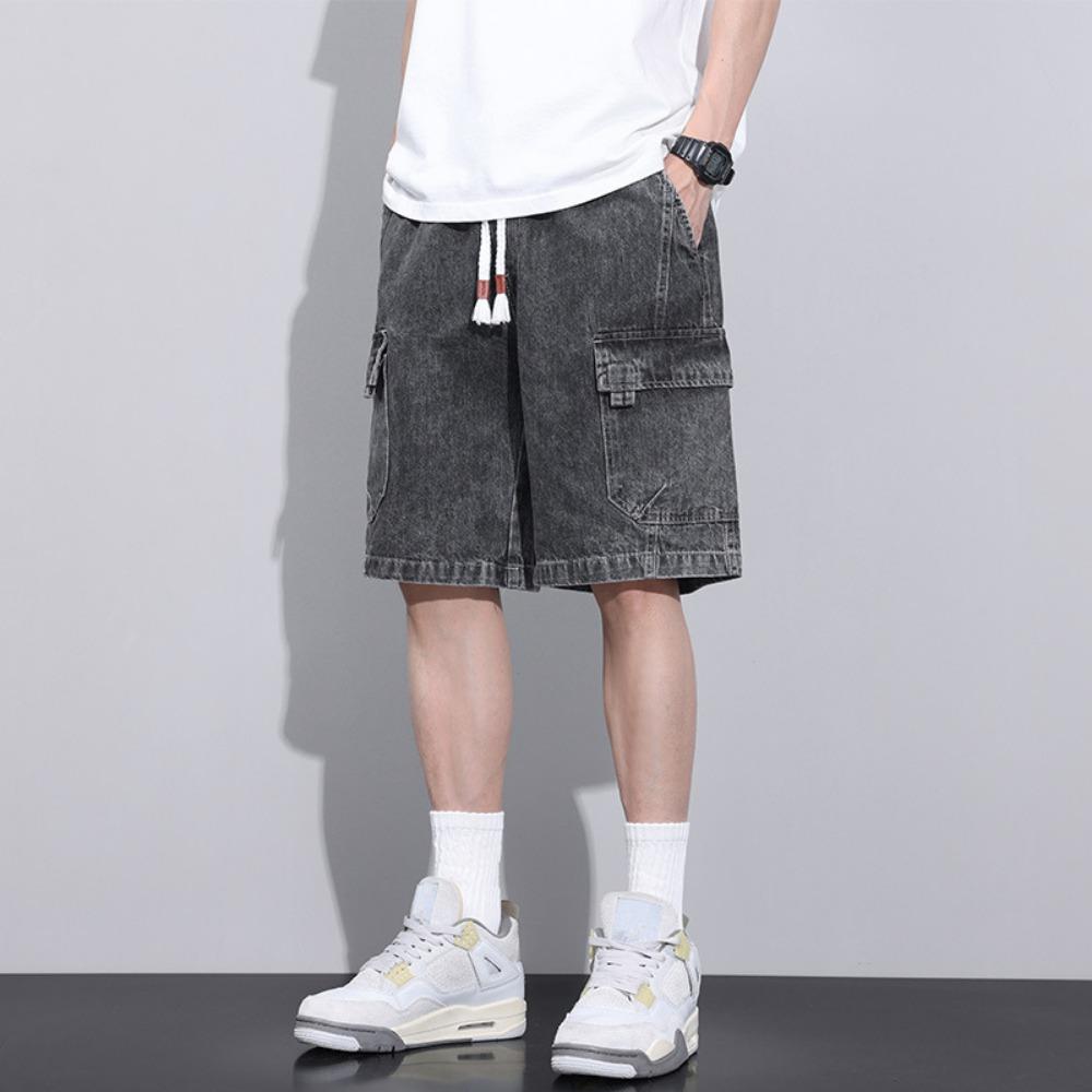 

Летние мужские свободные джинсовые шорты сине-серые уличная мода прямые на резинке со шнурком модные повседневные короткие джинсы мужские 4XL чёрный/серый