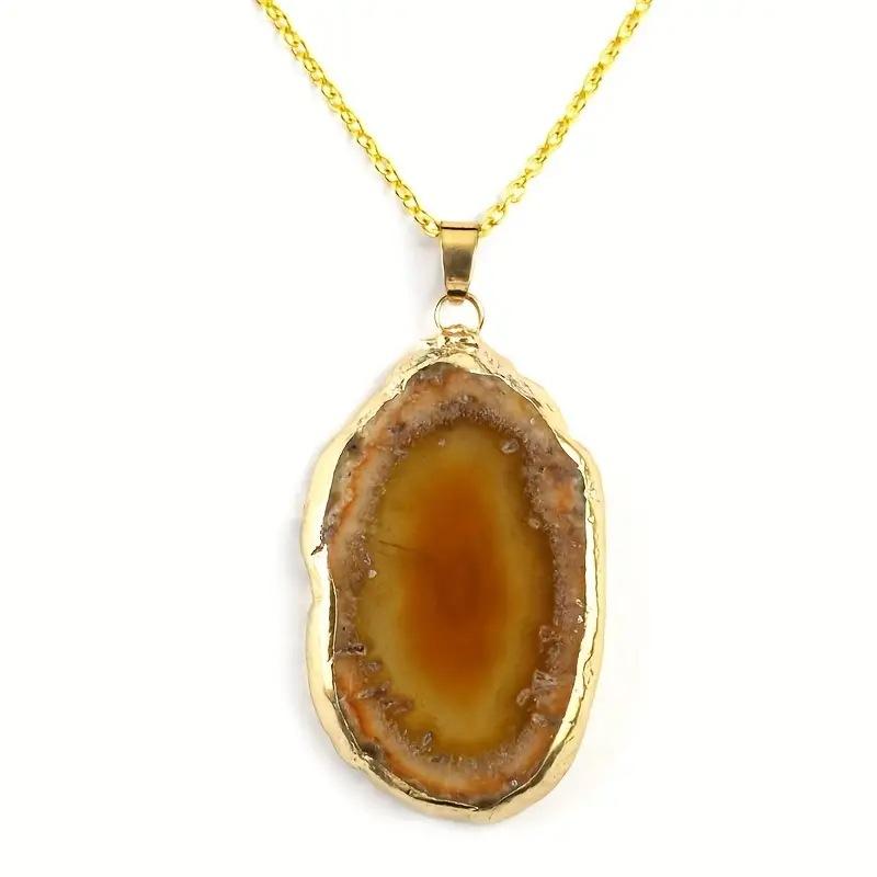 Natural agate piece, gold-plated pendant, irregular, agate raw stone necklace, pendant, colored natural stone, necklace, European and American