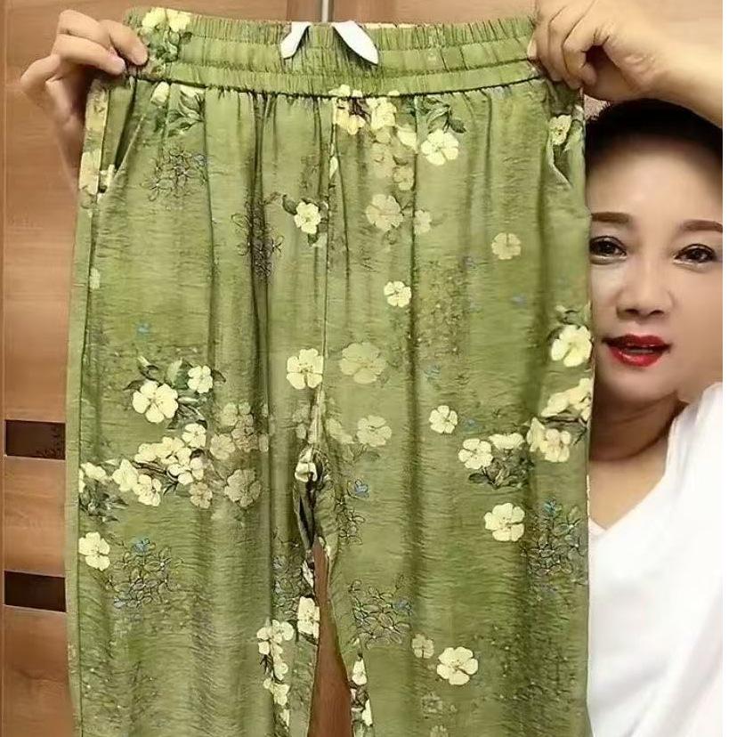 Women's Summer Patchwork Elastic Waist Drawstring Pocket Print Tie Feet Loose Comfort All Match Casual Nine-minute Trousers