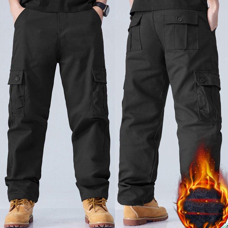 Winter Men'S Thick Velvet Warm Work Pants Casual Pants Loose Straight Tube Multi Pocket Pure Cotton Wear-Resistant Work Pants