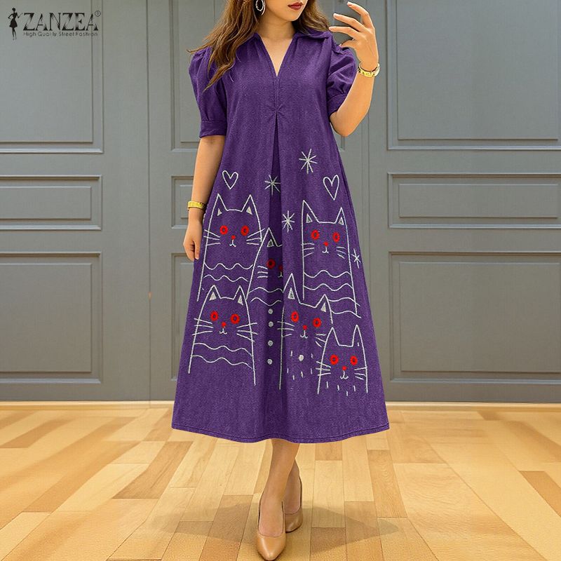 ZANZEA Women Casual V-Neck Summer Short Loose Print Dress