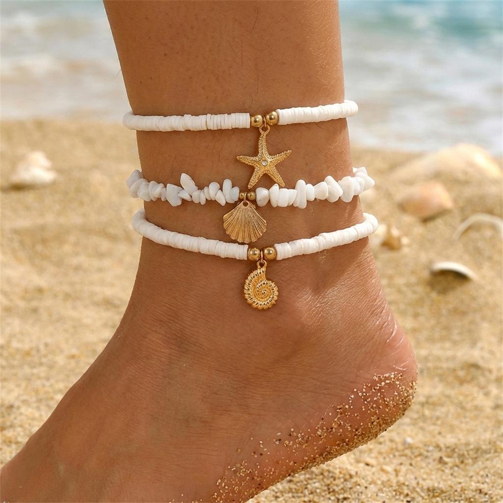 Boho Layered Starfish Whale Tail Imitation Shell Charm Anklet for Women Faux Pearl Seed Beaded Summer Beach Ocean Foot Jewelry