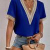 Women's V Neck Blouse Short Sleeve Lace Trim Loose Fit Casual Summer Top