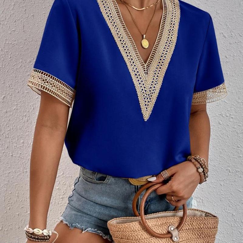 Women's V Neck Blouse Short Sleeve Lace Trim Loose Fit Casual Summer Top
