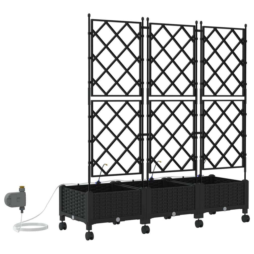 Garden Flower Pots with Irrigation and Wheels 3 Pieces Black PP
