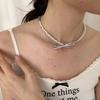 Y2k Cyberpunk Silver Color Leather Bowknot Choker Imitation Pearls Beading Double-layer Collar Necklace for Women Jewelry Gifts