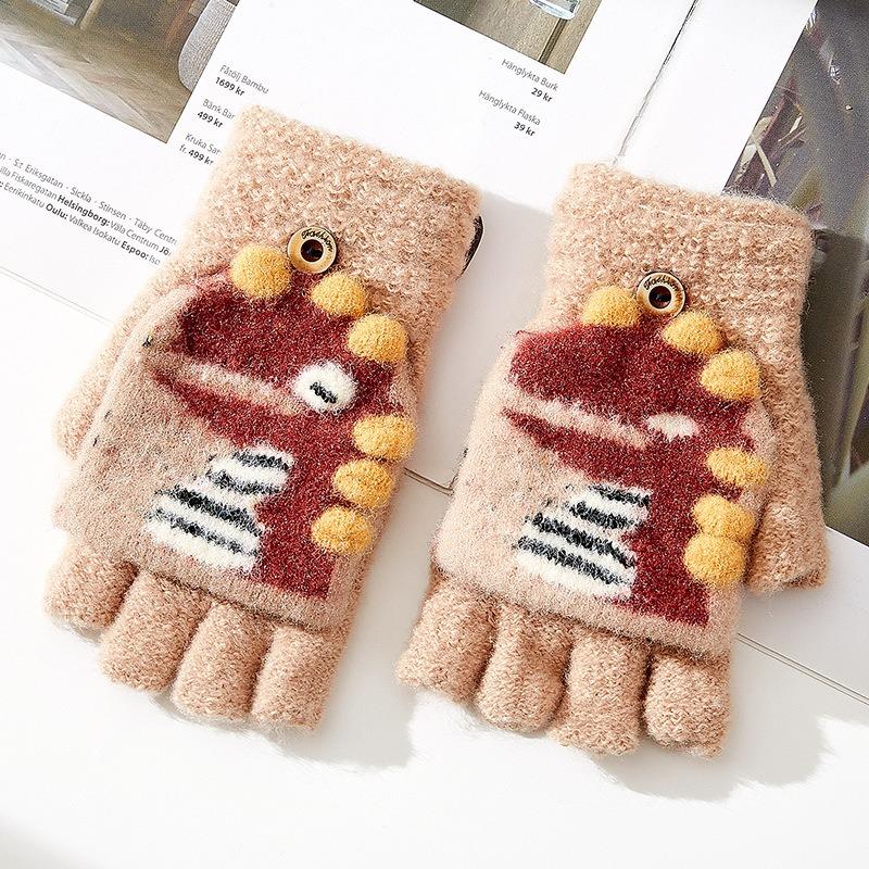 -Year-old Children's Cartoon Knitted Half-finger Flip Gloves Winter Warm Cute Dinosaur Boy Student Writing
