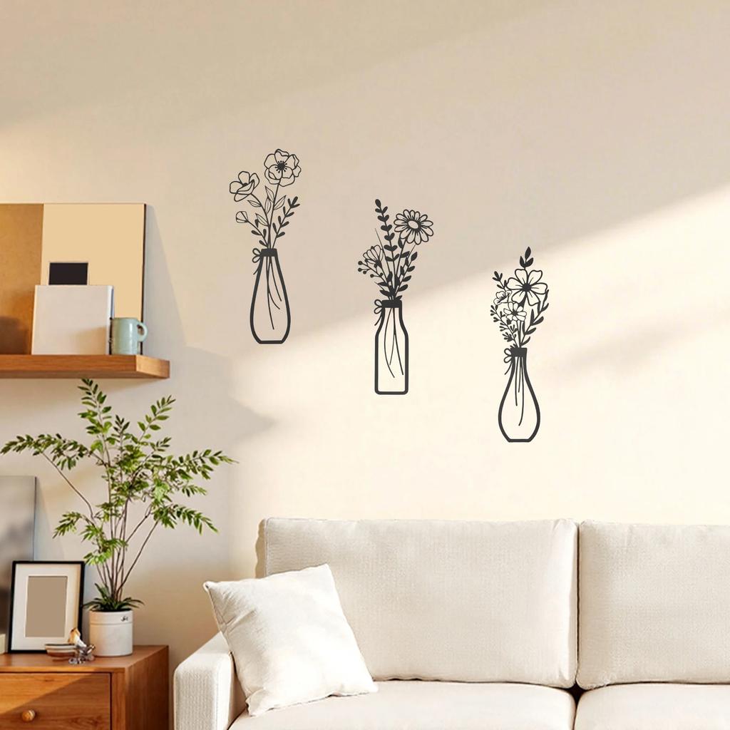 3 Pcs Metal Flowers Wall Art Exquisite Metal Vase Wall Decor Floral Ornaments Rustic Farmhouse Decor for Living Room Bathroom