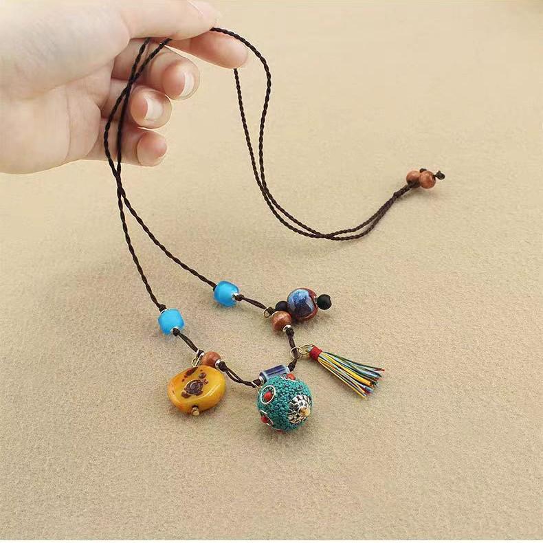 Ethnic Retro Tibetan-Style Lantern Necklace - Women’s Long Sweater Chain with Cotton Linen Accents