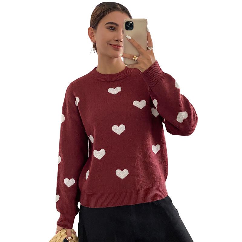 TEMU Europe 2026 Autumn/Winter Mature Style Knitwear: Heart Jacquard Round Neck Loose Sweater