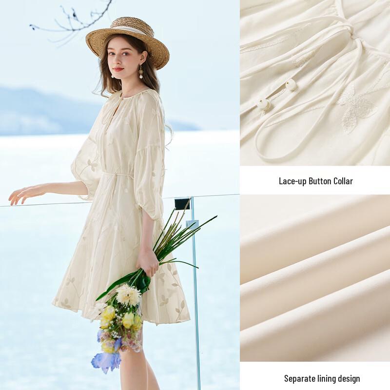 Women's French Puff Sleeve Tencel Tie-Waist Embroidered Dress