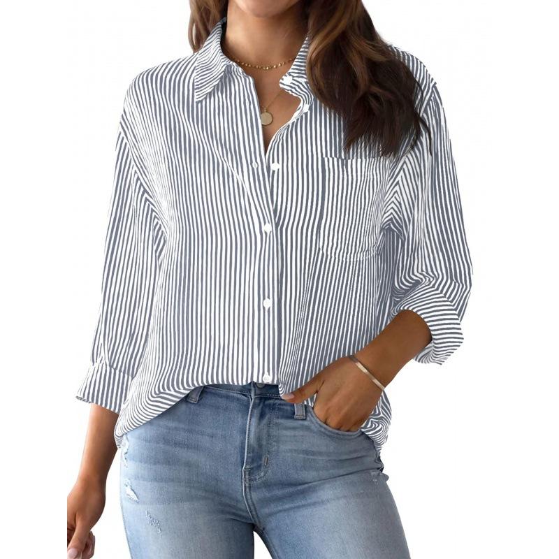 Women's Classic Striped Long Sleeve Button-Up Shirt with Pocket for Office Work Stylish Top Casual Businesswear