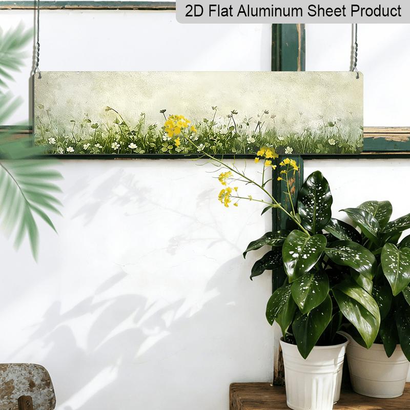 2D Flat, 1pc, Rustic, White Flowers and Green Clover Field on Textured Background, Aluminium Decorative Sign, Meadow Nature Landscape, Wall Art