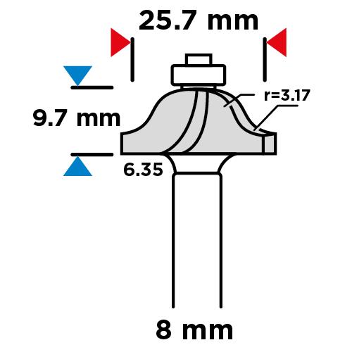 Shaped cutter with bearing, decorative, HM, 25.7 x 9.7 mm, 8 mm shank