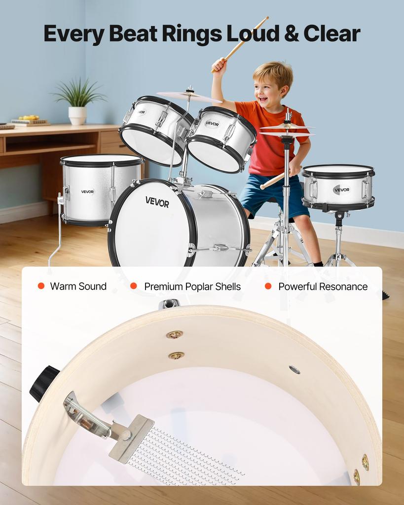 VEVOR Kids Drum Set, 5-Piece 16 in / 406.4 mm Junior Drum Sets, Beginner Drums Set with Adjustable Throne and Two Pairs of Drumsticks