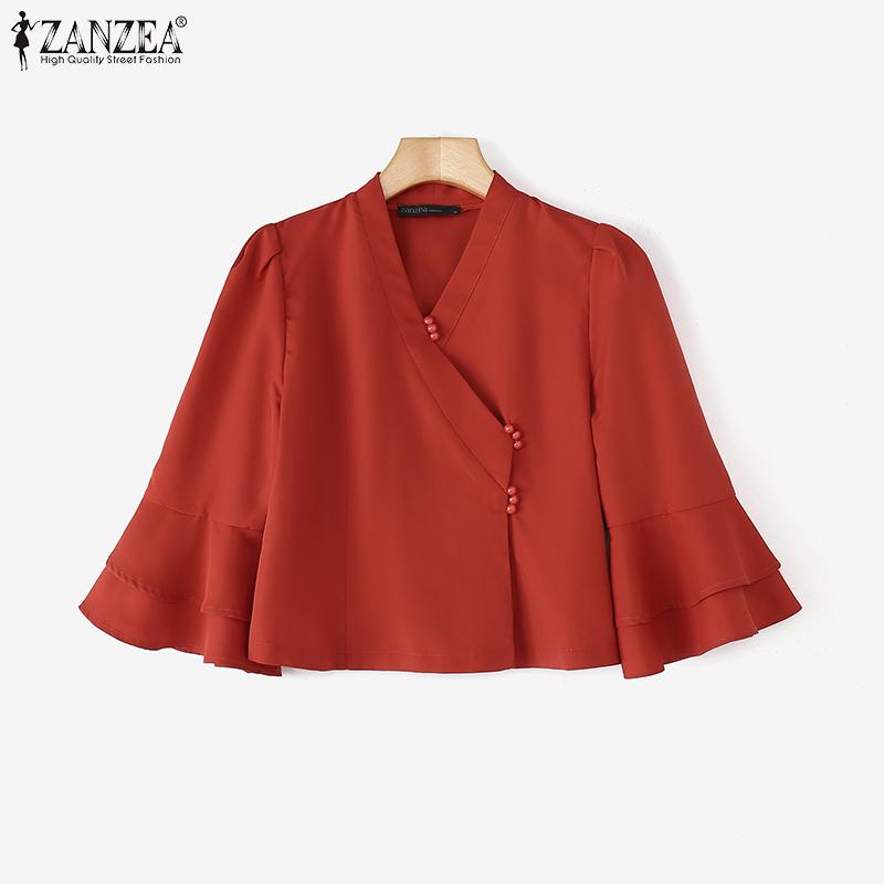 ZANZEA Womens Casual V-Neck Flare 3/4 Sleeve Loose Plain Blouse