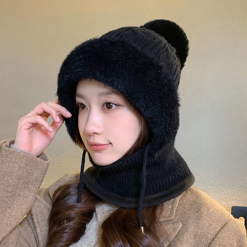 New Velvet Thick One-piece Hat Women's Winter Scarf Integrated Knitted Hat Outdoor Wind and Cold Warm Cycling Ear Hat