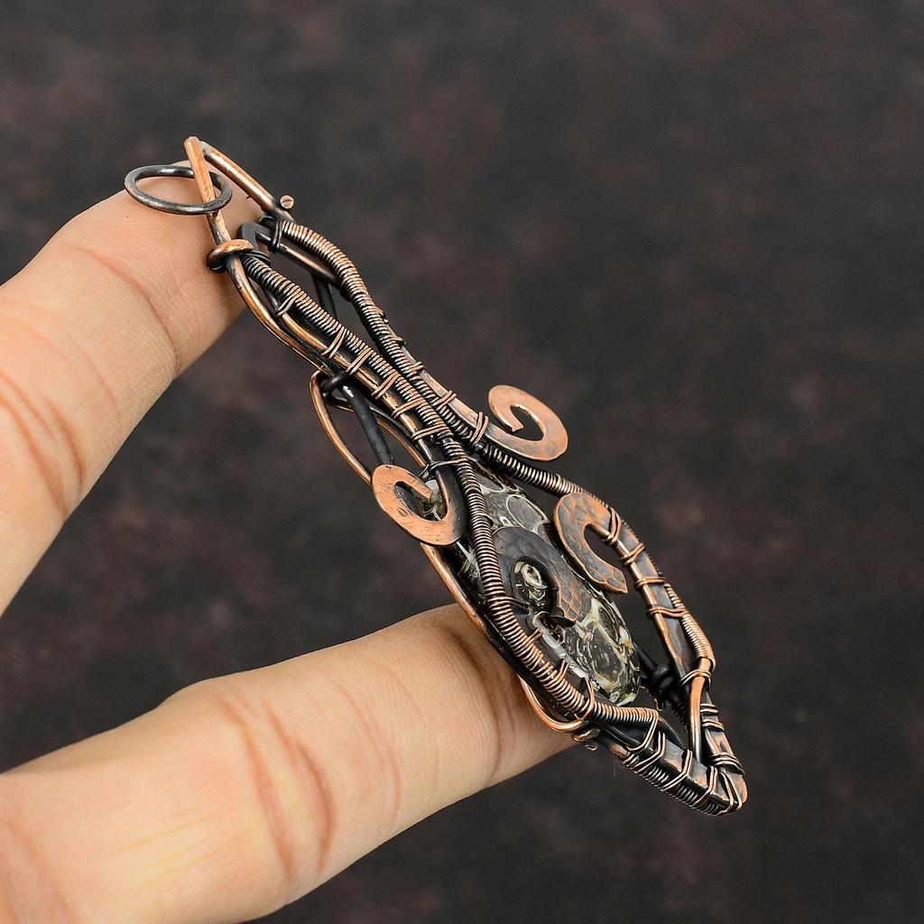 Turritella Agate Pendant Copper Wire Wrapped Pendant High Quality Gemstone Pendant Handmade Copper Wire Jewelry Wedding Gift Stylish Pendant
