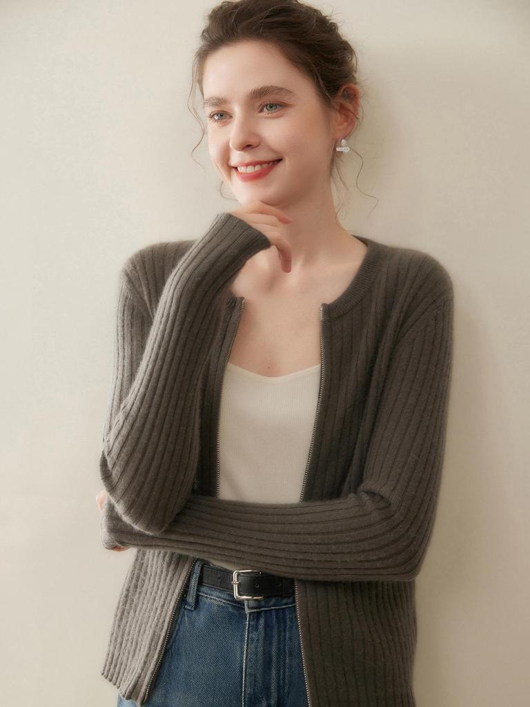 Fashionable Ribbed Cashmere Zipper Cardigan Sweater - Slimming Knit, Round Neck Wool Coat
