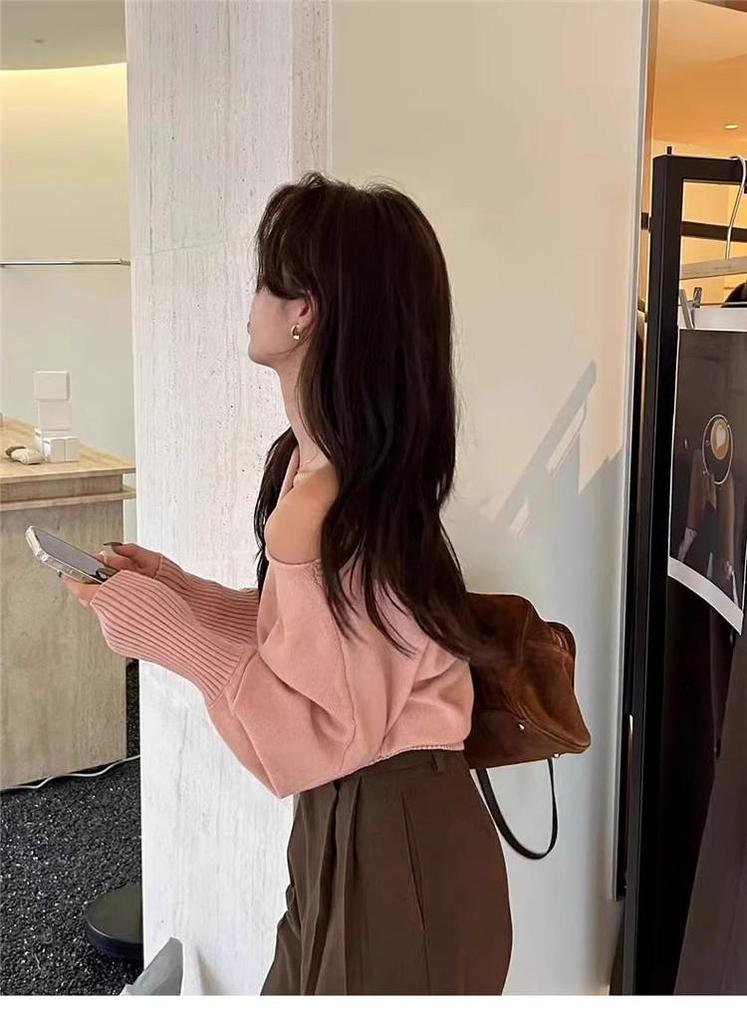 Women's Khaki One-Shoulder Lantern Sleeve Knit Sweater - 2026 Autumn Collection