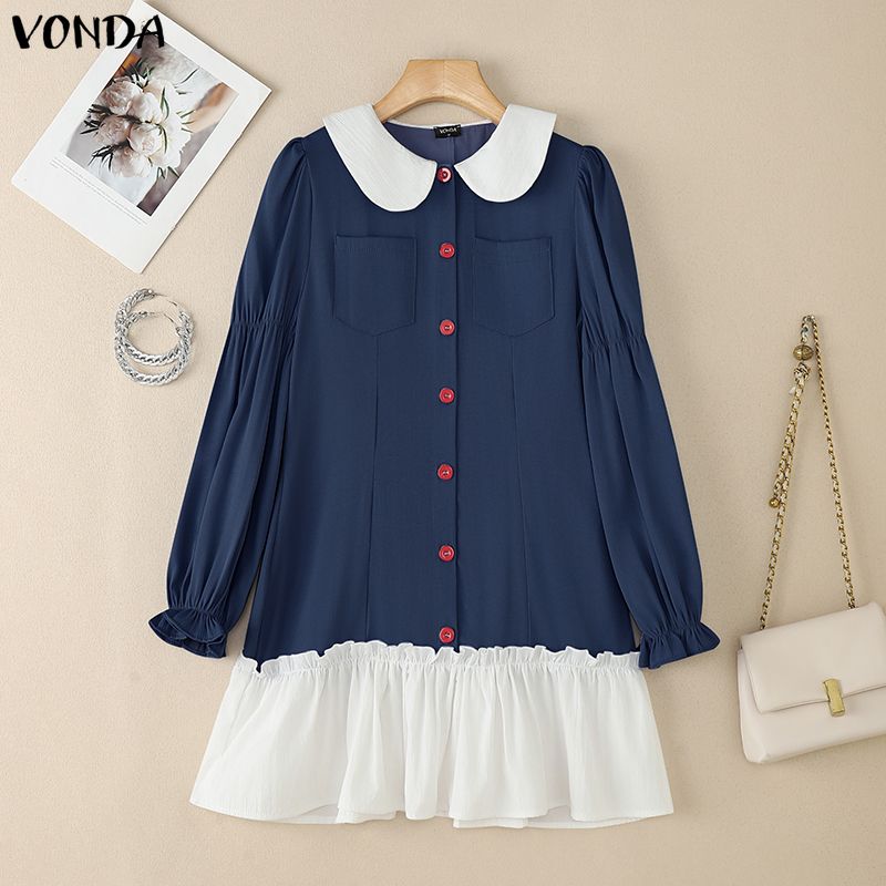 VONDA Elegant Women Lapel Neck Long Sleeve Patchwork Ruffled Shirts Dress