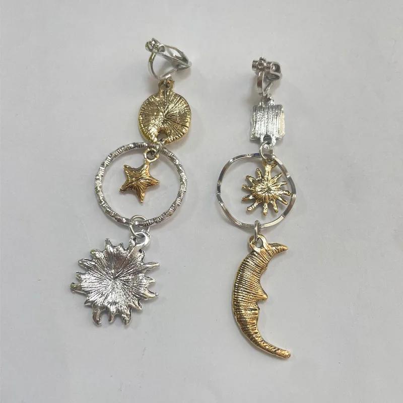 Greek Mythology Face Sun Moon Ear Clips Asymmetric Personality Long Clip On Earrings Non Pierced for Women Party Jewelry Gifts