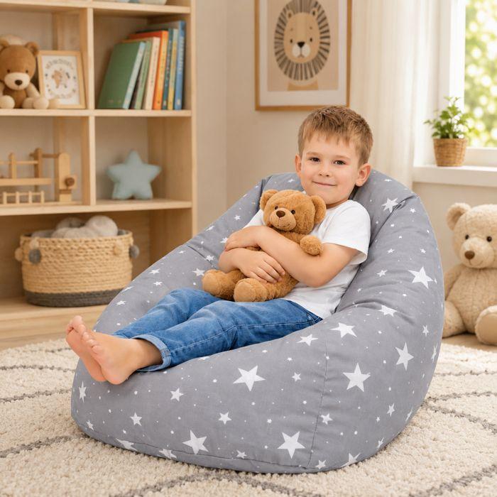 GINGER HOME Little Stars Pouf Fauteuil Enfant, 100% Coton, Gris à Étoiles, 55x44x55 cm