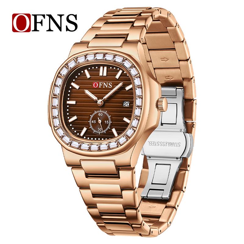 OFNS Men's Classic Quartz Watch: Square Diamond-Inlaid Dial, Dual Calendar, Waterproof, Two-Hand Design