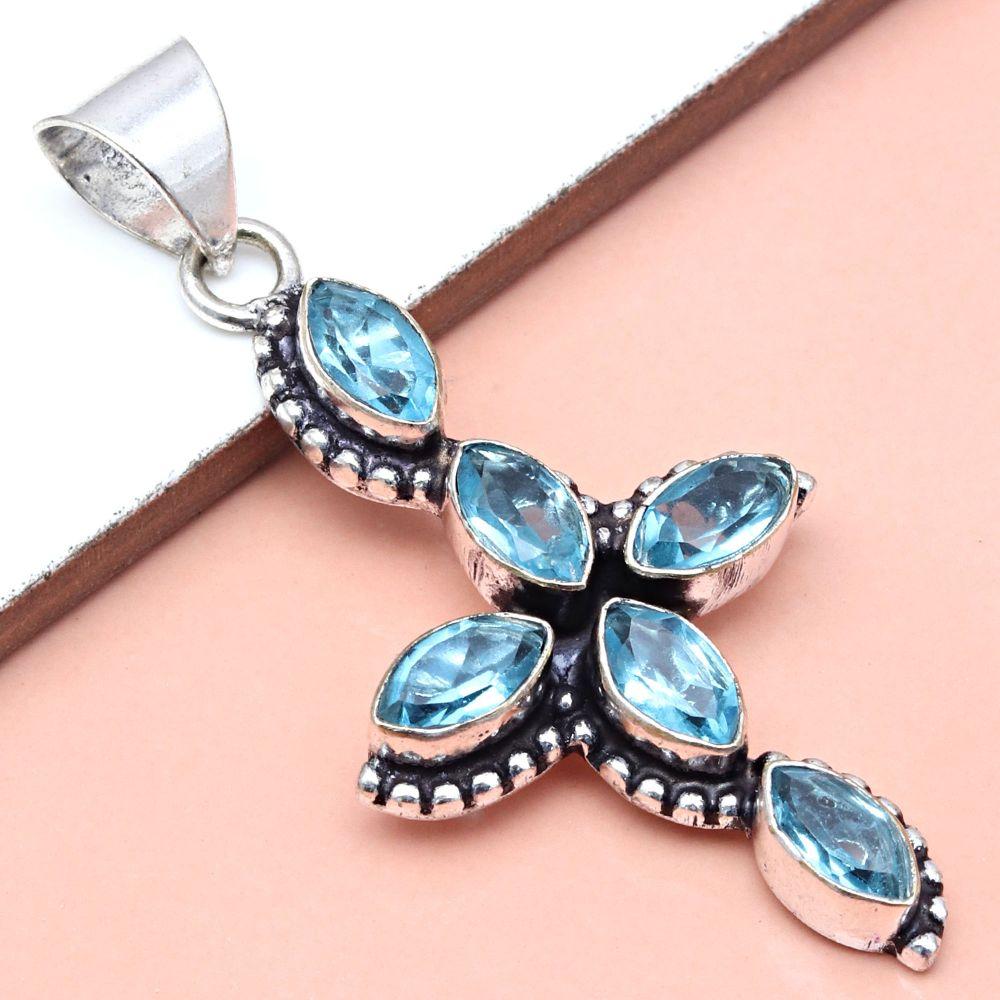 Pendant Swiss Blue Quartz Gemstone Gift For Her Silver Jewelry 2.25"