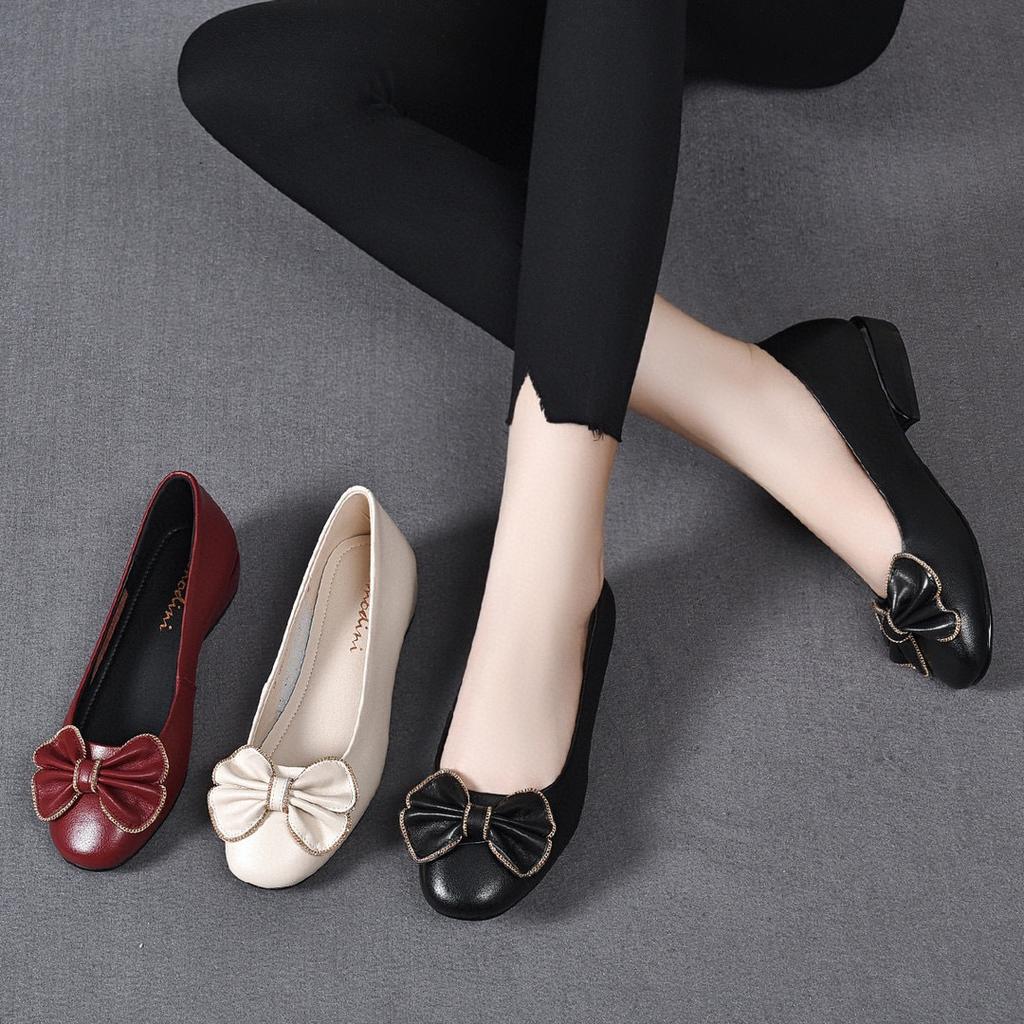 Spring and summer new bow light mouth single shoes first layer cowhide round flat shoes comfortable women's work shoes