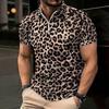 Women Short Sleeve Polo Shirt Light Beige Black Dense Leopard Print Half Zip Lapel Top