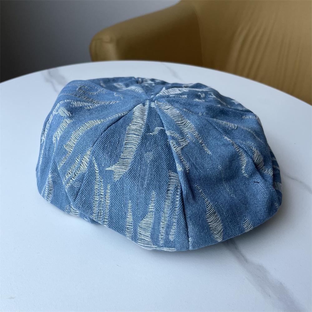 Versatile spring and autumn retro washed denim beret women's fashion trend street painter hat shows small face
