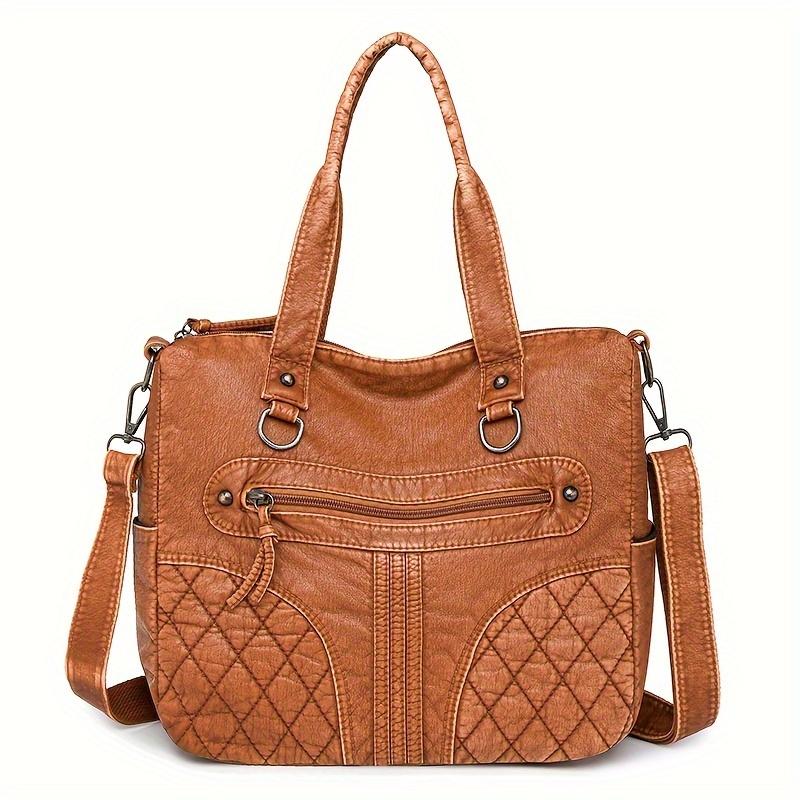 

Сумка-тоут из искусственной кожи в винтажном стиле со съемным ремешком-молнией и подкладкой из полиэстера. Женская модная сумка без узоров. коричневый