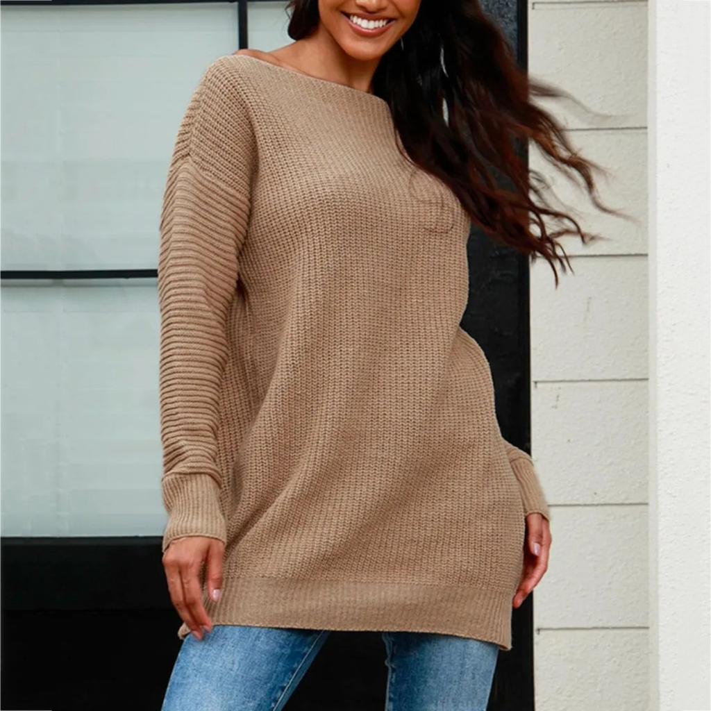 Women's Winter Loose Versatile One-shoulder Solid Color Mid-length Knitted Sweater