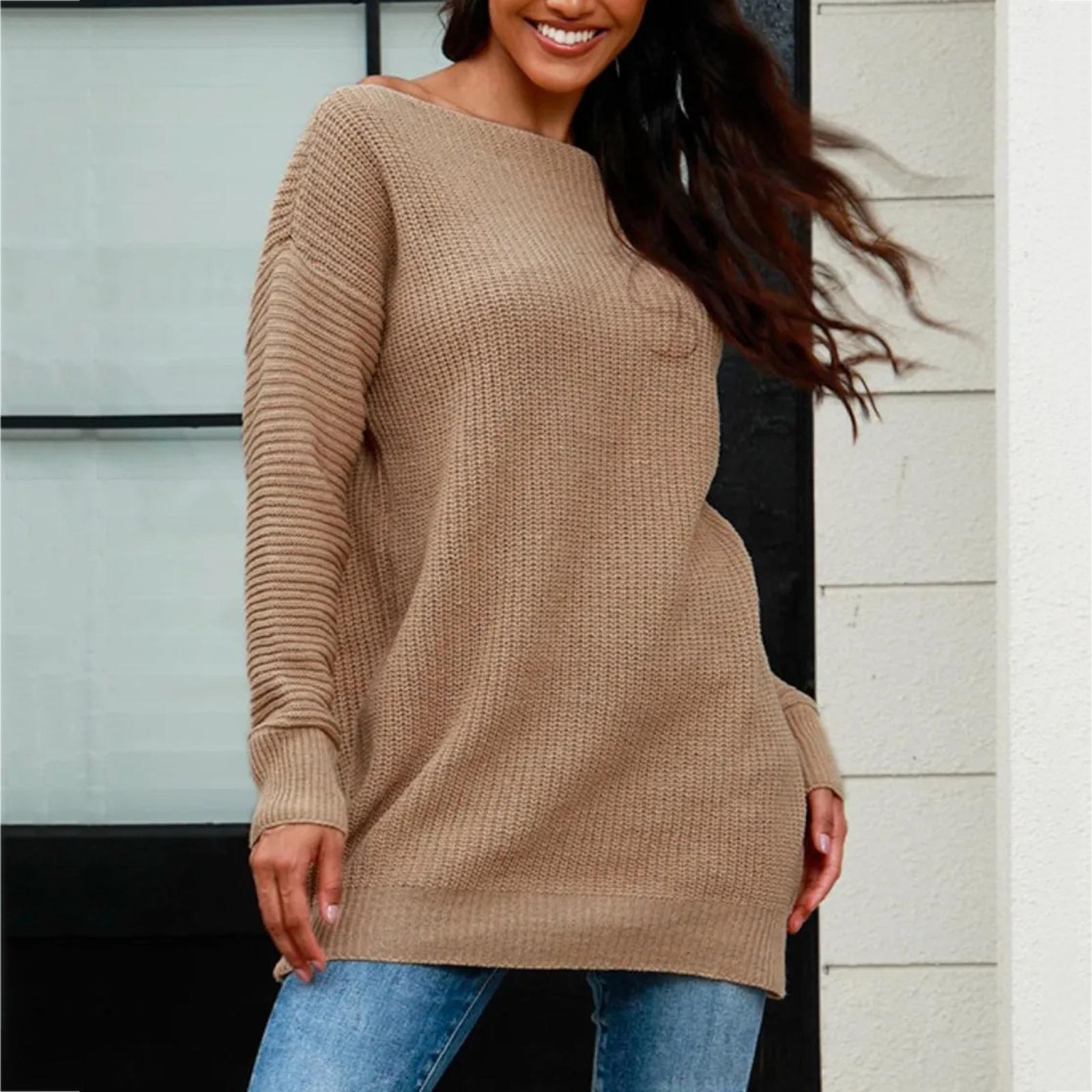 

Women s Winter Loose Versatile One-shoulder Solid Color Mid-length Knitted Sweater S хаки