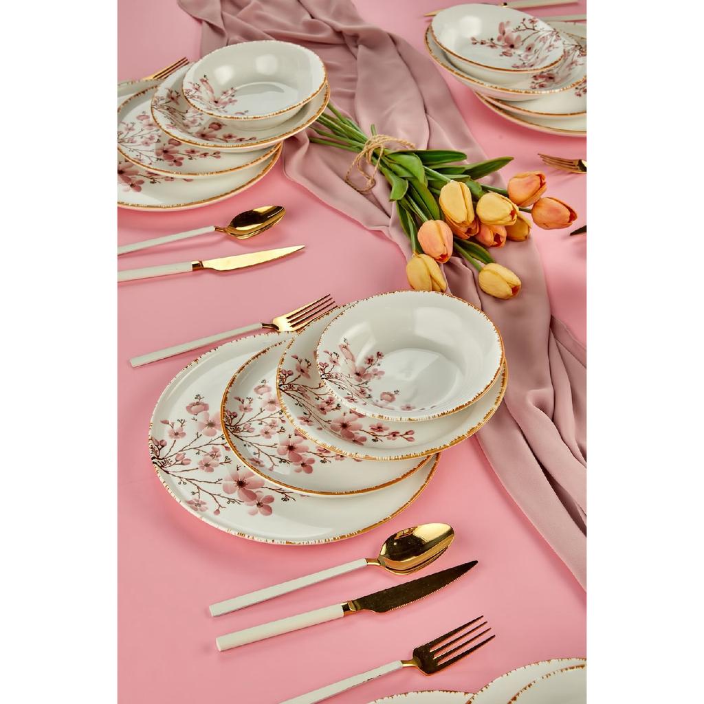 Sakura Flower Luxury Ceramic 18 Piece Dinner Set, Dinner Set For 6 Persons
