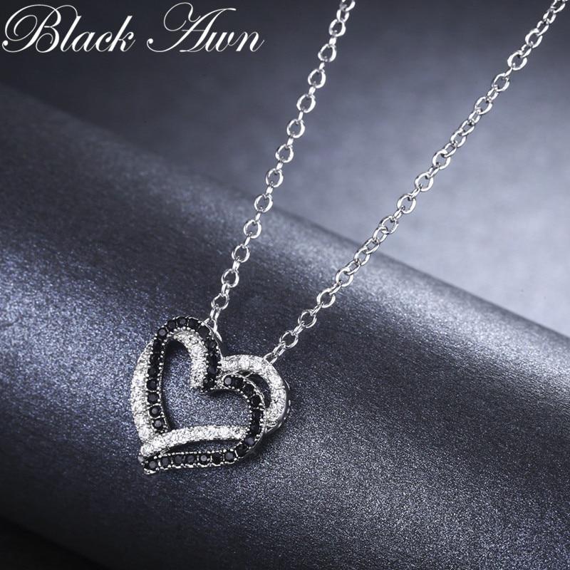 BLACK AWN Heart Genuine LOVE Necklaces Pendants Jewelry Black&White Stone Jewelry For Women