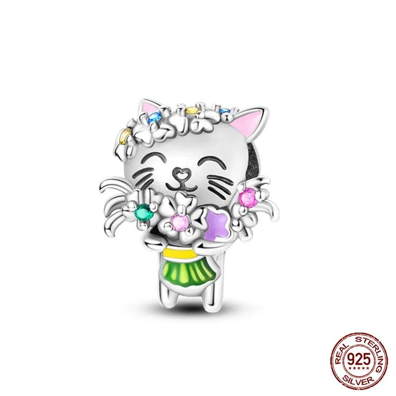 Colgantes de plata de ley S925 con forma de gato, perro, mariposa, flor y cadena de seguridad de color morado, aptos para pulseras originales DIY