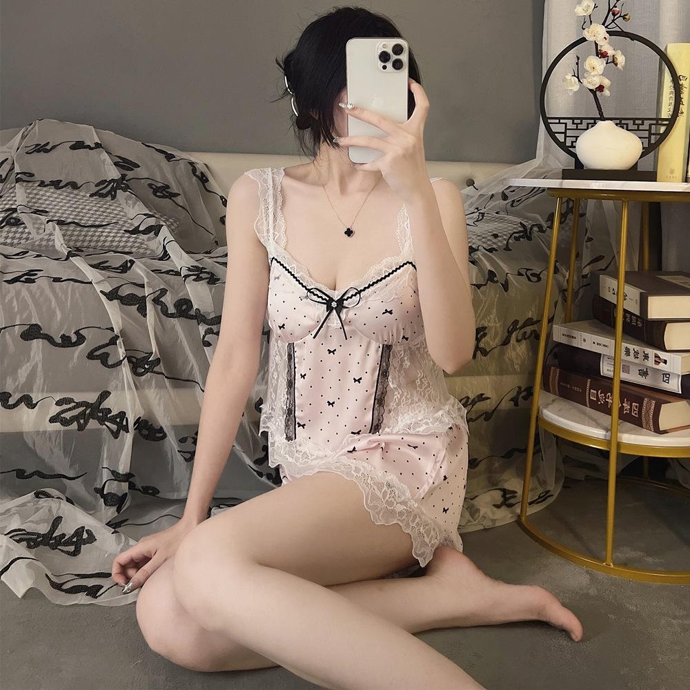 Ice silk pajamas female sexy suspenders summer lace hollow backless printing pure desire wind loungewear set with chest pad