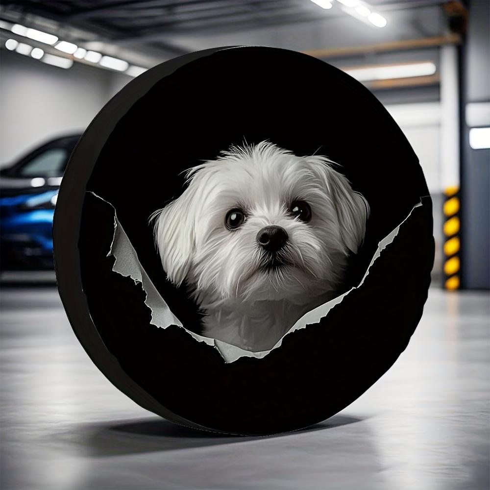 Cute Maltese Dog Peeking Tire Cover Black Polyester Protective Storage Bag For Car SUV