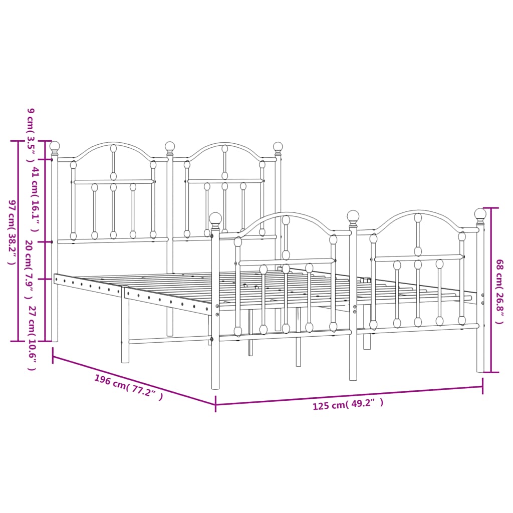 Metal Bed Frame with Headboard and Footboard Black 120 x 190 cm