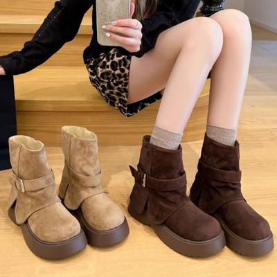 Platform Flats Woman Ankle Boots Fashion Belt Buckle Height Increase Shoes Street Style Ladies Chunky Heel Short Booties